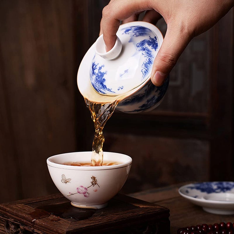 Woonsoon Jingdezhen Chinese Gaiwan Handmade 6.3oz/180ml Mountain Style China Blue and White Porcelain Gaiwan Kungfu Teacup Traditional Chinese Teaware Tea Set - Image 2